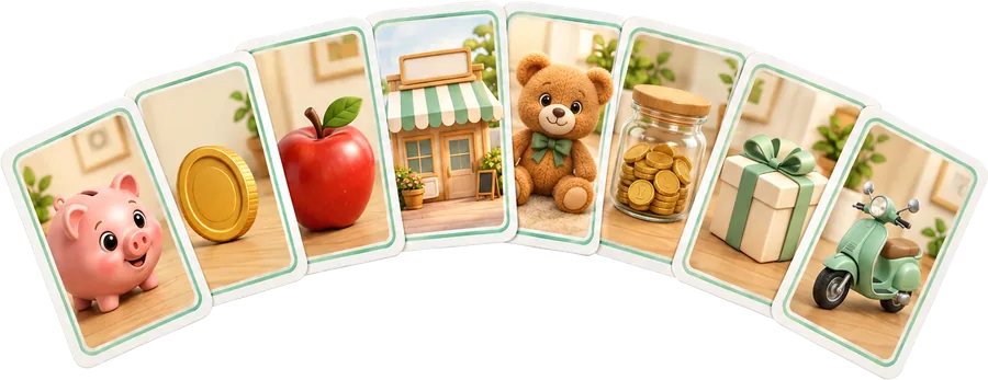 Колода игровых карточек с монетками, копилкой и магазином
